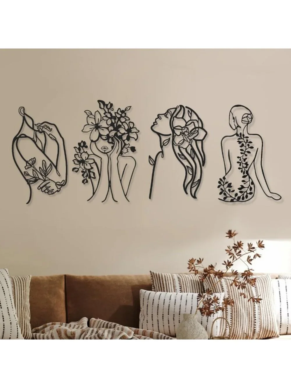 4-Piece Metal Wall Art Set - Minimalist Abstract Female Line Drawings for Home